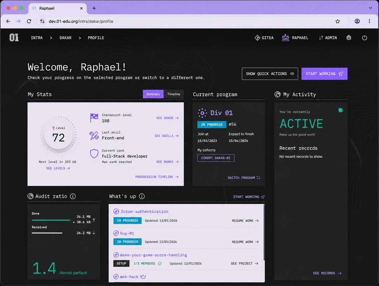 01Edu platform profile showing XP progression and top skills
