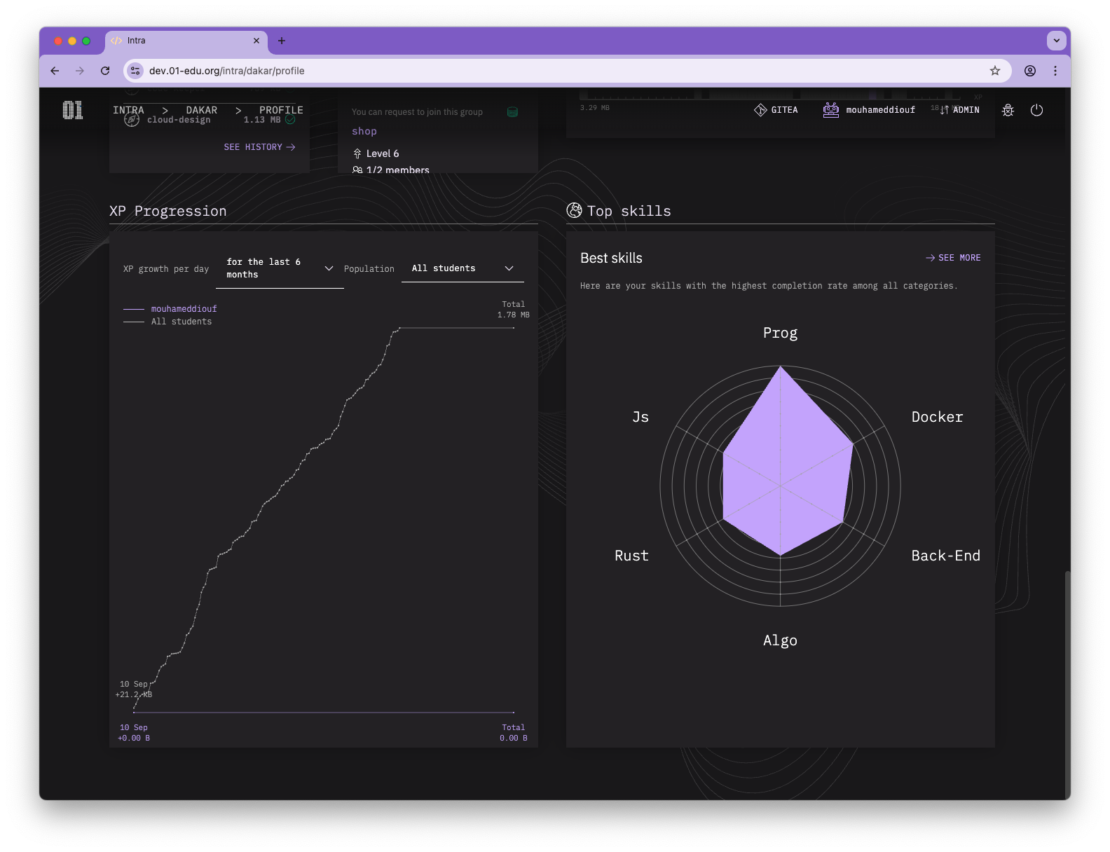 01Edu platform profile showing XP progression and top skills