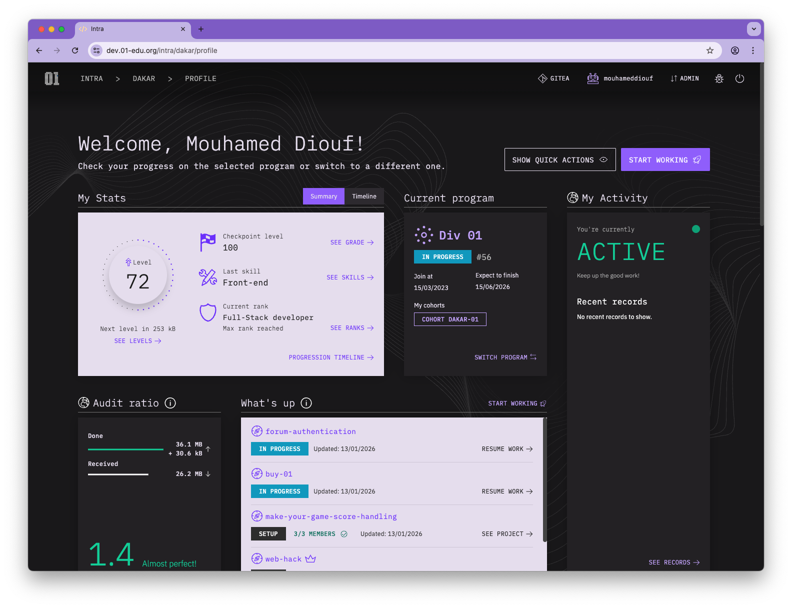 01Edu platform dashboard showing learner stats and current activity