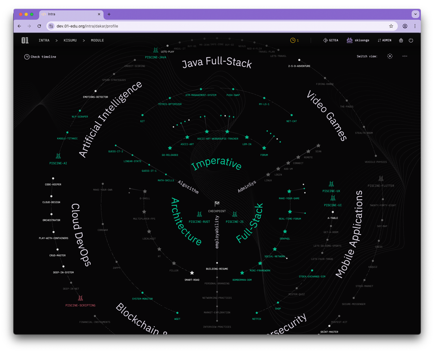 01Edu platform curriculum map showing learning paths and projects