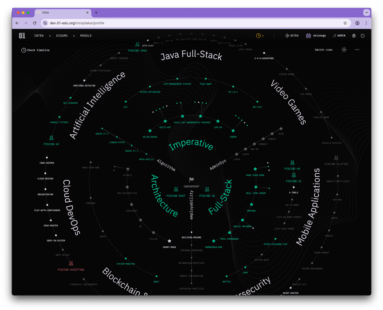 01Edu platform curriculum map showing learning paths and projects